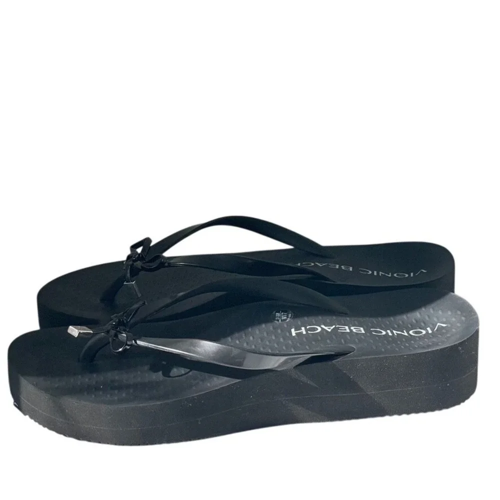 Vionic Beach Bondi Bow Wedge Toe Post Sandals Women's 7 Black